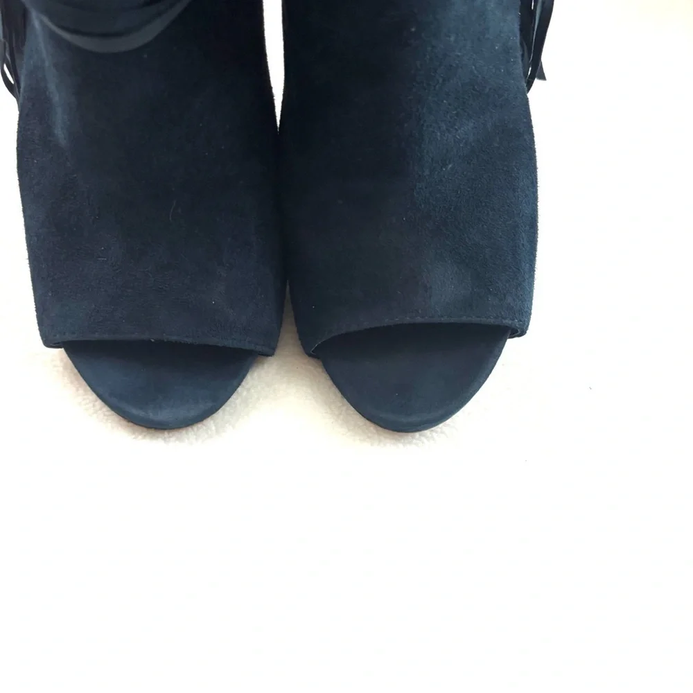Vince Camuto‎ Navy Suede Leather Fringe Stiletto Heel Open Toe Booties (8)